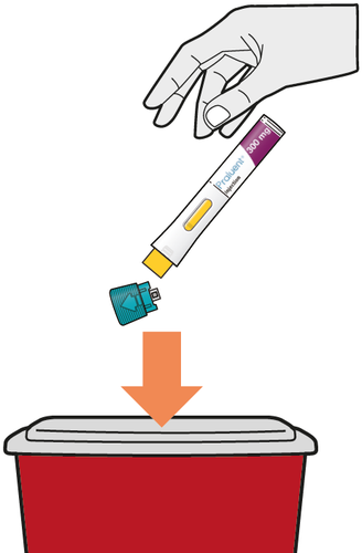 Mano che rimuove il cappuccio giallo da una penna precompilata Pruluent 300mg, con freccia rivolta verso un contenitore rosso per oggetti appuntiti