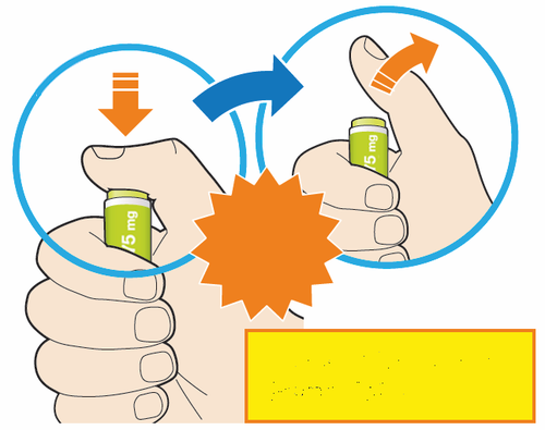 Due mani che tengono un cilindro verde con la scritta "5 mg" e lo spingono l