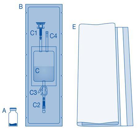 Schema di dispositivo medico con sacca per infusione C, flacone A, connettori C1, C2, C3, C4 ed etichetta E