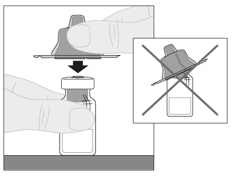 Fiala di vetro tenuta da una mano con ago che penetra nel tappo e freccia che indica la direzione corretta e divieto di inserimento diagonale