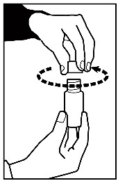Mano che tiene e ruota un flaconcino medicinale con un tappo, frecce circolari indicano il movimento di rotazione