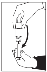 Mano che tiene una penna per iniezione con ago avvitato e freccia curva che indica la rotazione per l