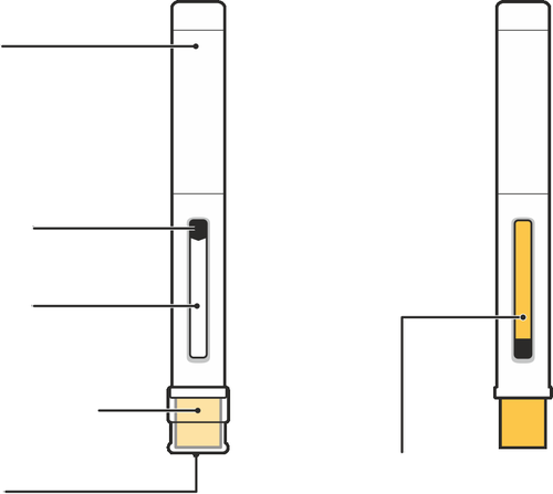 Dispositivo per iniezione con due viste laterali, evidenziate le parti con linee e colorazione gialla nella parte inferiore