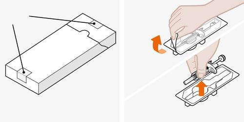 Confezione rettangolare aperta con penna preraffilata e frecce che indicano il movimento di estrazione dalla confezione