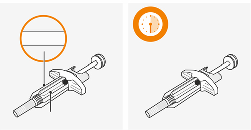 Siringa preriempita con stantuffo e ago, vista in due fasi con indicazione di un cerchio e un orologio arancione