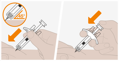 Mano che tiene un autoiniettore con ago rivolto verso il basso e freccia arancione indicante la pressione e l