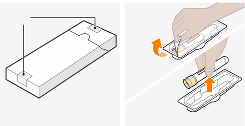 Confezione aperta con penna preriempita estratta e frecce arancioni che indicano il movimento di rimozione dalla confezione
