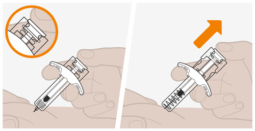 Dispositivo autoiniettante tenuto in mano con ago esposto e pistone premuto, freccia arancione indica la direzione