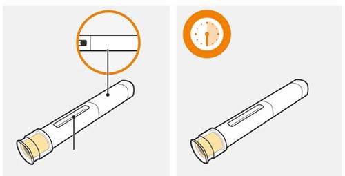 Penna iniettabile con meccanismo a molla evidenziato e indicazione temporale di attesa per l