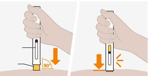 Mano che tiene un dispositivo per iniezione con ago, freccia arancione indica pressione verso il basso a 90 gradi sulla pelle beige