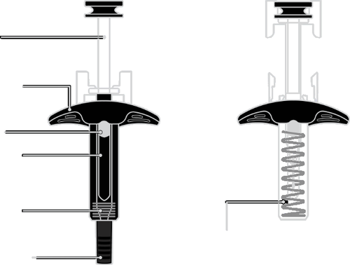 Due siringhe automatiche con meccanismi a molla mostrano componenti interni ed esterni con linee guida