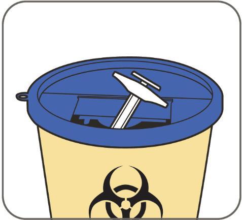 Contenitore giallo per rifiuti speciali con coperchio blu aperto e spazio interno visibile simbolo biohazard nero in basso