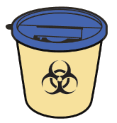 Contenitore giallo per rifiuti speciali con simbolo biohazard nero e coperchio blu a tenuta stagna