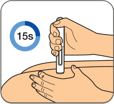 Mano che tiene un dispositivo autoiniettante premuto sulla coscia con indicatore temporale blu che segna 15 secondi
