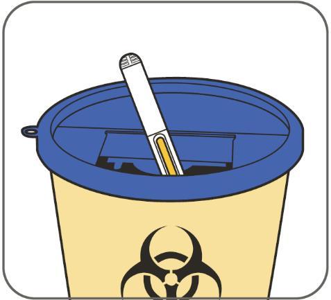 Contenitore giallo per rifiuti speciali con coperchio blu e simbolo di rischio biologico nero, siringa inserita verticalmente