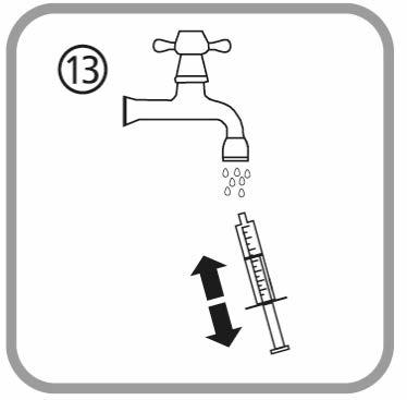 Rubinetto aperto con acqua che gocciola sopra una siringa e una freccia bidirezionale indica il movimento del pistone