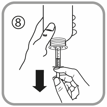 Mano che spinge un cilindro di medicinale con ago verso il basso, freccia nera indica la direzione, numero 8 in cerchio in alto a sinistra