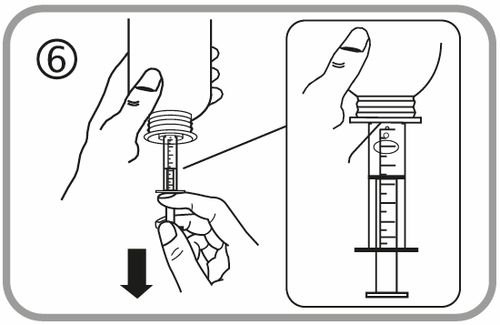 Mano che tiene una siringa preriempita con ago protetto e un cappuccio avvitato, freccia nera indica direzione di trazione
