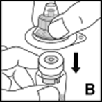 Fiala di vetro con tappo grigio e ago da inserire indicato da freccia nera su un supporto circolare