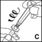 Siringa con ago collegato, mano che avvita il cappuccio protettivo con freccia che indica la rotazione e lettera C a lato