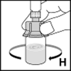 Fiala di vetro con liquido e ago collegato, mani che ruotano la fiala in senso orario indicate da frecce e lettera H