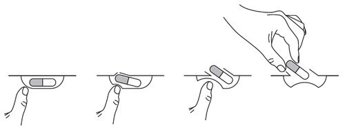 Mano che posiziona una capsula ovale sotto la lingua con diverse angolazioni e progressiva deglutizione