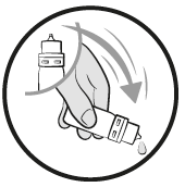 Penna iniettabile tenuta in mano con goccia in uscita e freccia che indica la direzione di somministrazione