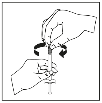 Mano che ruota una siringa preriempita con ago inserito, frecce indicano la rotazione per miscelare il contenuto medicinale