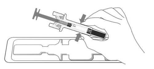 Penna iniettabile con ago protetto, mano che la impugna e frecce che indicano i punti di pressione per l