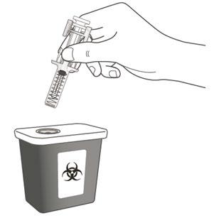 Mano che tiene una penna per iniezione con ago esposto sopra un contenitore per rifiuti biologici con simbolo di biohazard