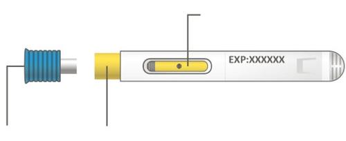 Penna per iniezione con ago blu visibile, indicatore di dose giallo e data di scadenza stampata lateralmente