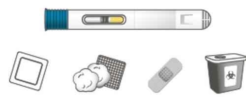 Penna per insulina con cartuccia blu, tampone di cotone, cerotto, contenitore per oggetti appuntiti e confezione di aghi