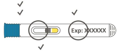Penna precompilata blu con indicatore di livello del farmaco giallo e data di scadenza evidenziata da cerchi e spunte