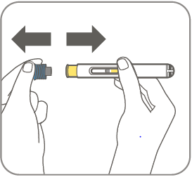 Mani che tengono un dispositivo penna per iniezione con due frecce grigie orizzontali che indicano movimento laterale