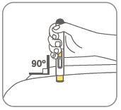 Mano che tiene una penna iniettabile con ago inserito nella pelle ad angolo di 90 gradi indicati da uno strumento a squadra