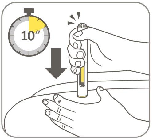 Mano che tiene un dispositivo autoiniettante premendo verso la pelle con un timer che indica 10 secondi e una freccia nera