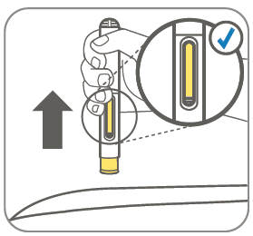 Penna iniettabile gialla con ago e mano che preme verso l