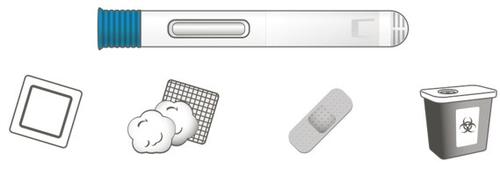 Test di gravidanza con risultato negativo, tampone sterile, batuffoli di cotone, cerotto adesivo e contenitore per rifiuti biologici