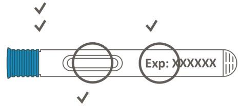 Penna precompilata blu con indicazioni di pressione e data di scadenza evidenziate da cerchi e frecce