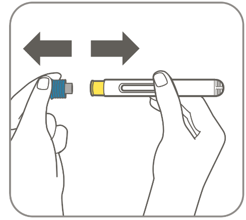 Mani che tengono una penna per iniezione con due frecce grigie che indicano la direzione di rotazione del dispositivo