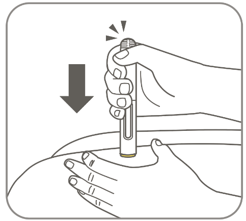 Mano che preme un dispositivo autoiniettante sulla coscia con freccia rivolta verso il basso e luce che indica l