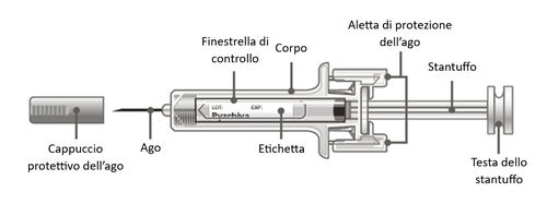 Siringa schematica con ago, corpo, stantuffo, etichetta e cappuccio protettivo, vista in sezione longitudinale