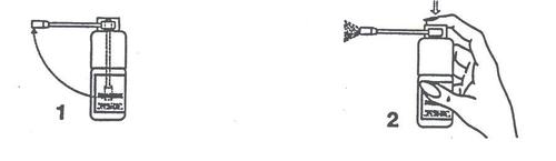 Fiala di vetro con ago e cappuccio protettivo tenuta in mano, indicazioni numerate 1 e 2 per l