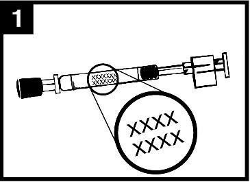 Siringa pre-riempita con cerchi concentrici che indicano il punto di iniezione e la quantità di farmaco residua