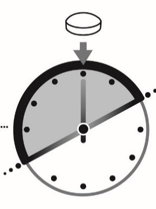 Orologio con met&agrave; quadrante grigio e met&agrave; nero, freccia che indica un tempo specifico e pillola sopra con freccia verso il basso