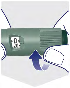 Penna iniettabile verde con indicatore 0/20 e freccia blu che indica la rotazione del dosatore