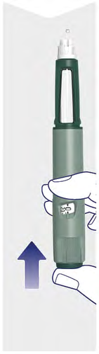 Penna per iniezione con corpo verde e grigio tenuta da una mano con freccia blu rivolta verso l