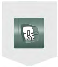 Contatore dosatore bianco e verde con numeri neri che indicano la dose 020 su sfondo bianco e forma trapezoidale