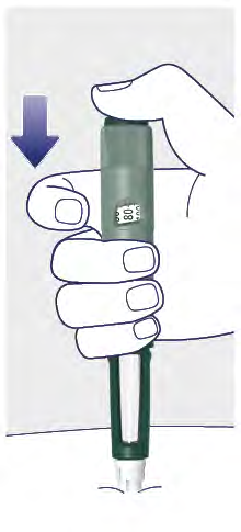 Mano che tiene un dispositivo penna per iniezione verde e bianco con numeri visibili e freccia blu che indica la pressione