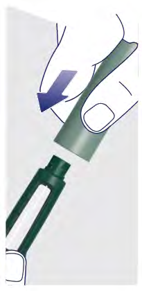 Penna iniettabile verde con ago avvitato e freccia blu che indica la direzione di inserimento